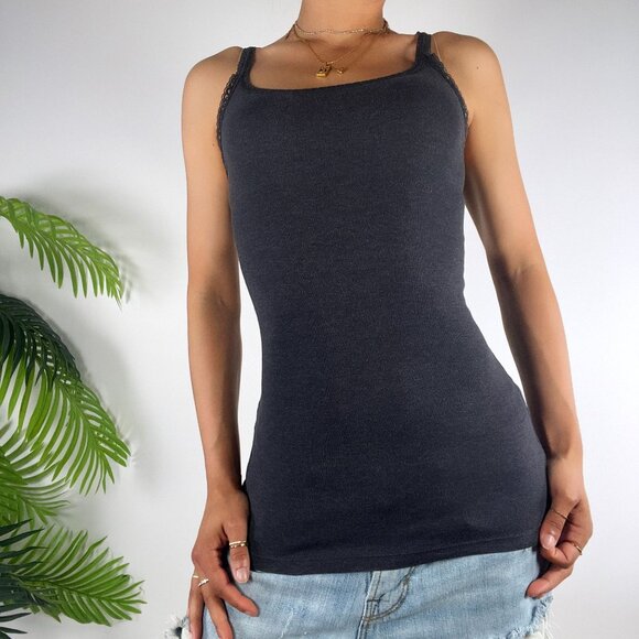 Vintage Y2K Old Navy Gray Lace Dark Coquette Grunge Casual Fitted Tank Top / XS - Picture 1 of 7